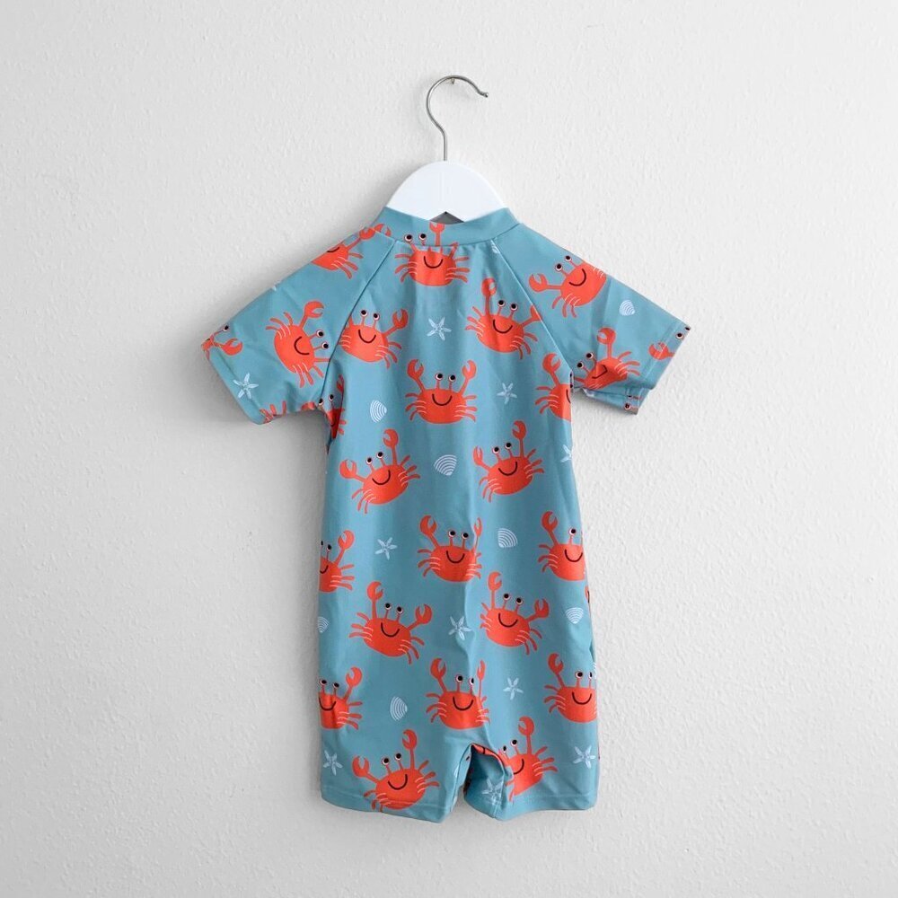 NWT Cute Boys One-Piece Swimsuit ShortSleeve Swimwear Summer Cartoon Crabs 3-6M - Picture 2 of 3